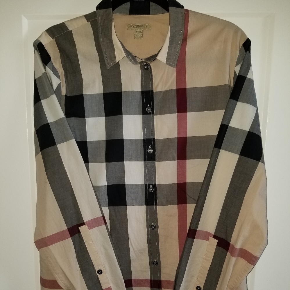 Womens Burberry Brit plaid button down shirt